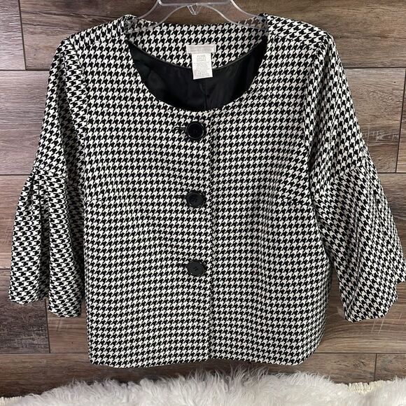 Worthington Ladies Petite Large Cropped Button Jacket Houndstooth Black White - Picture 4 of 8